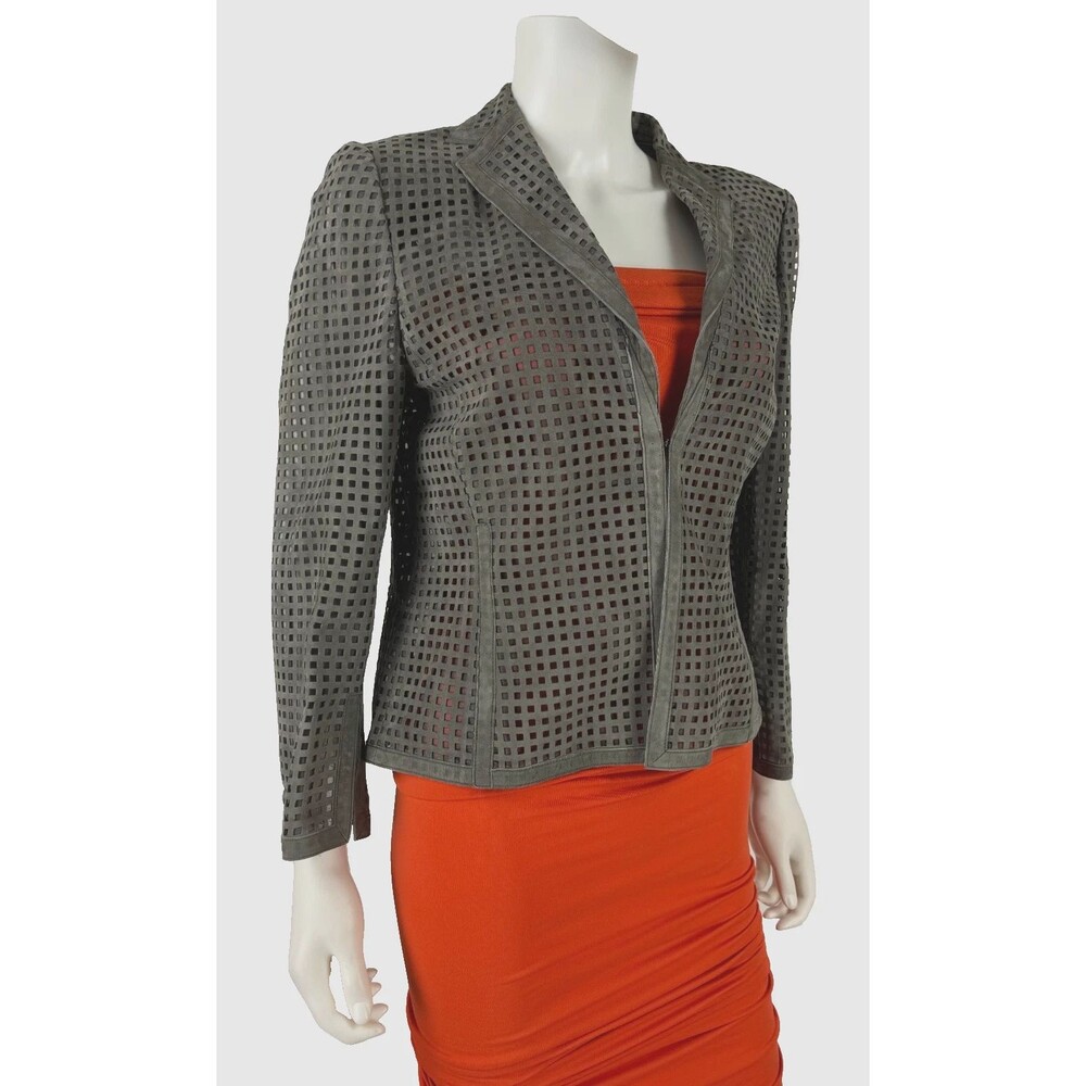 $5K Akris Gray Laser Cut Lamb Suede Leather Jacket Coat 10 US 46 IT 40 M Runway - Picture 4 of 6
